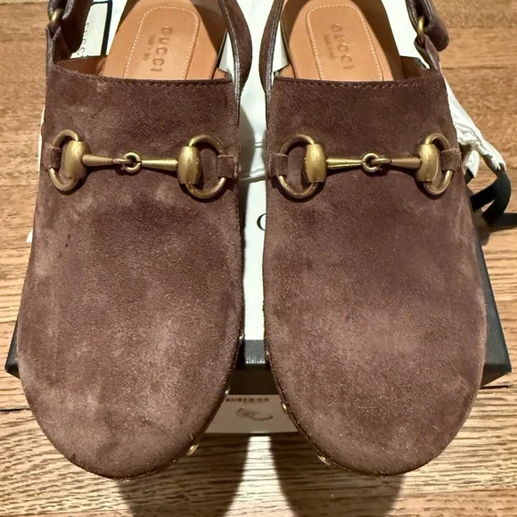 Gucci Brown Suede Mules with Gold Accents - Picture 2 of 7